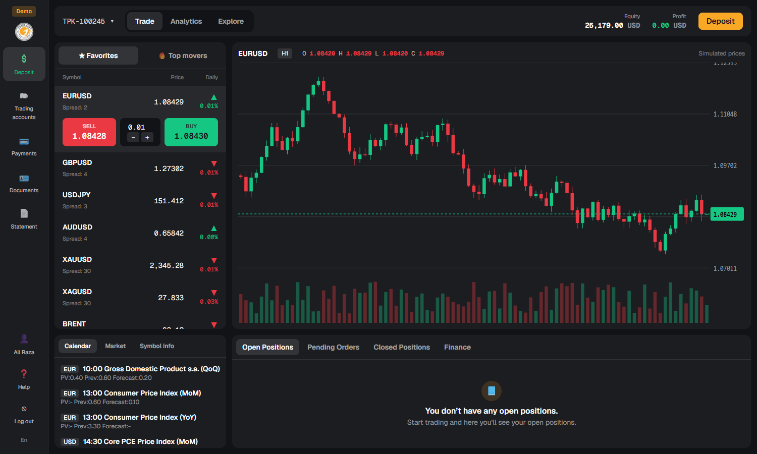 The Trade PKR web trader showing a watchlist, candlestick chart and open positions